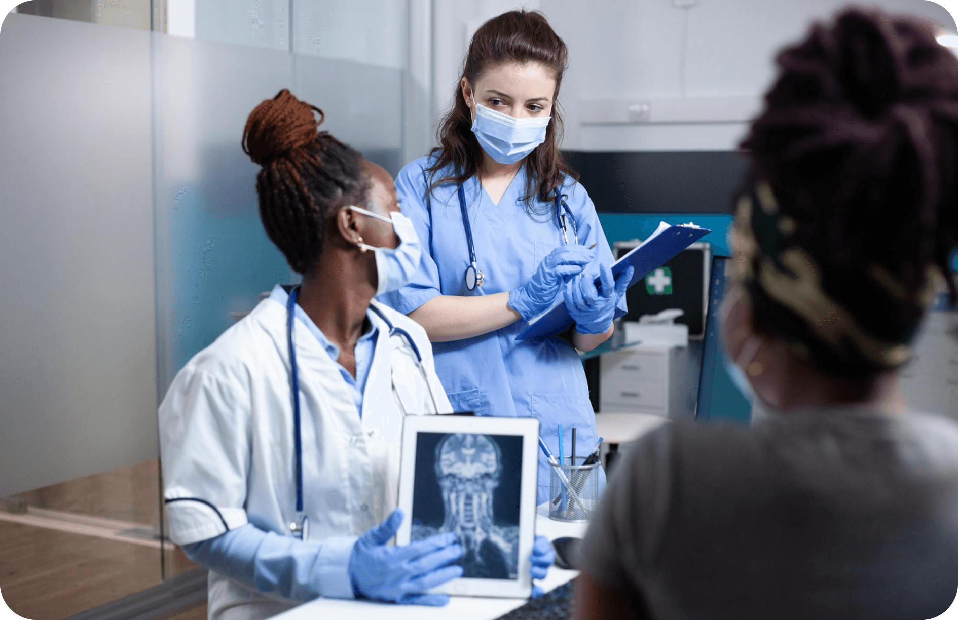 Medical professional with shield